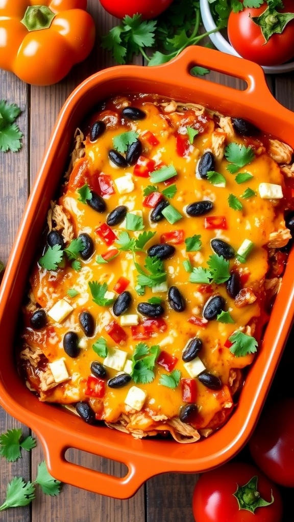 A delicious Southwest Chicken Enchilada Casserole with layered tortillas, chicken, beans, and melted cheese garnished with cilantro.