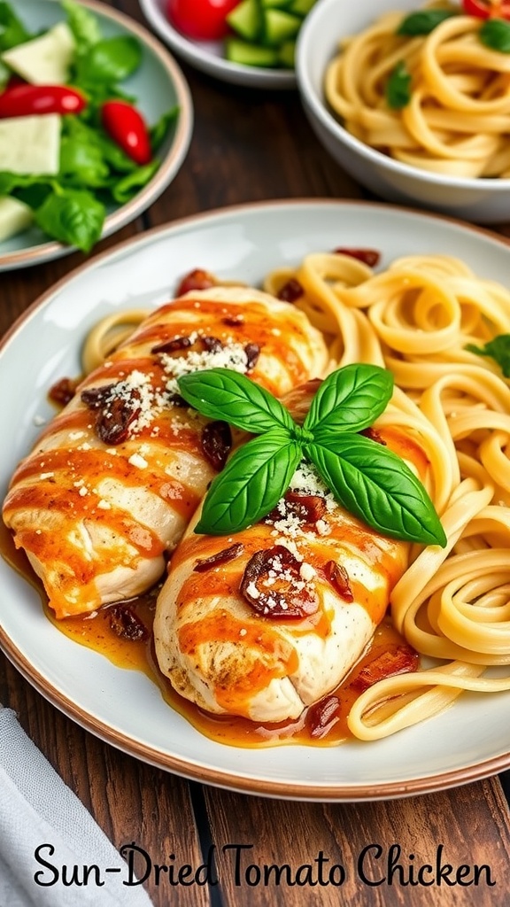 Sun-Dried Tomato Chicken served with creamy sauce and garnished with basil and parmesan on a rustic table.