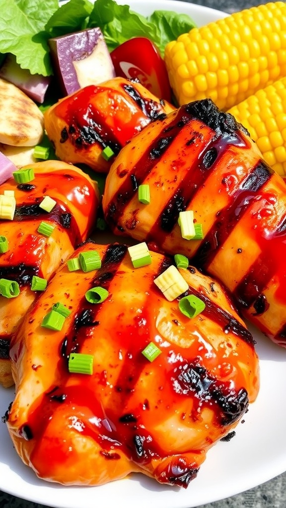 Grilled chicken breasts glazed with honey sriracha sauce, garnished with green onions, served with salad and corn.