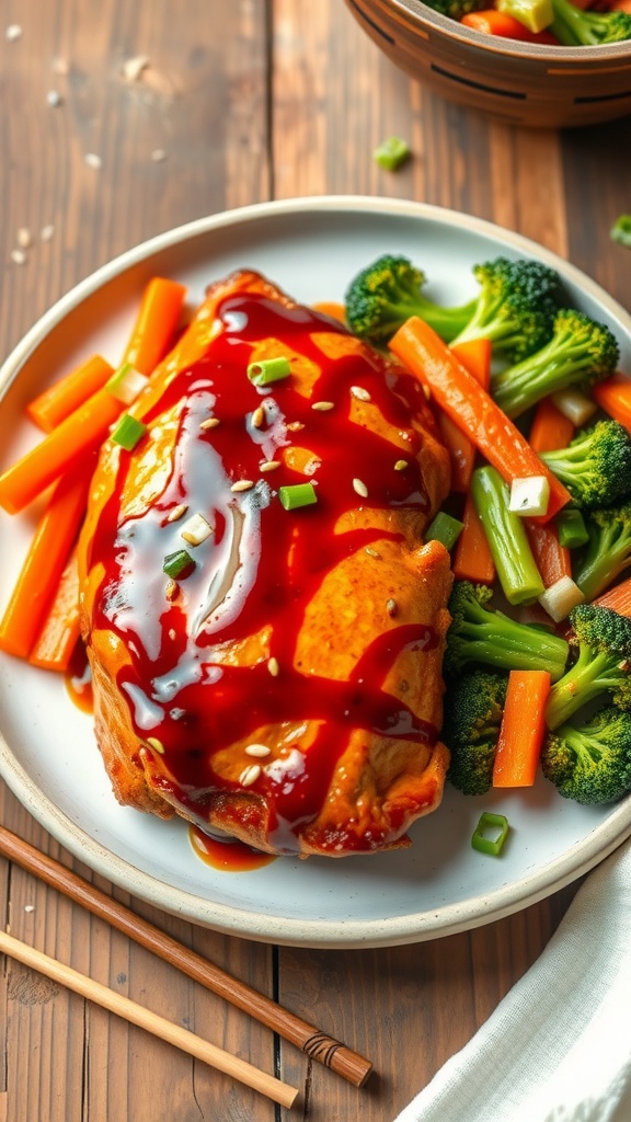 Teriyaki Baked Chicken Breast with stir-fried broccoli and carrots, garnished with sesame seeds and green onions, on a rustic wooden table.