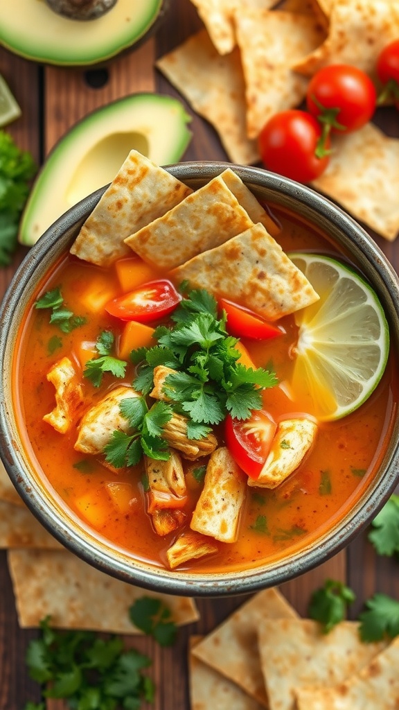 A bowl of Chicken Tortilla Soup garnished with cilantro, avocado, and lime, with tortilla strips on top.