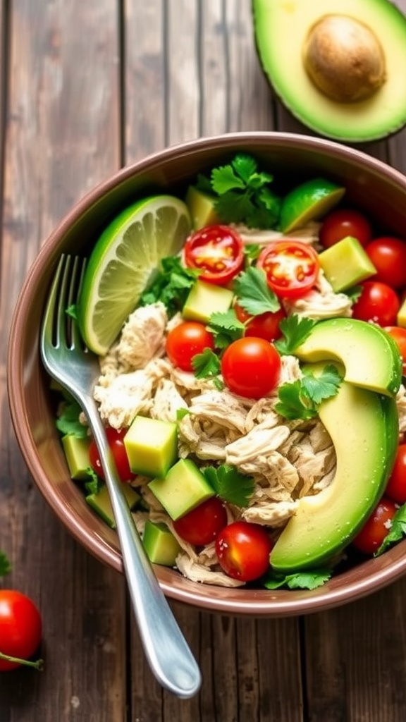 Keto Avocado Chicken Salad with chicken, avocado, tomatoes, and cilantro on a rustic table.