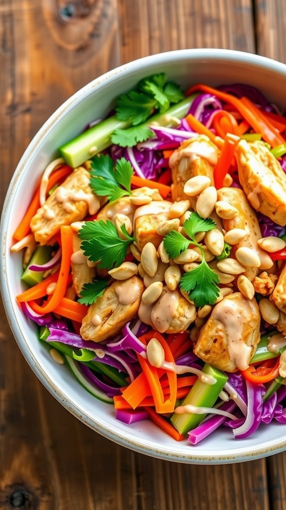 Thai Peanut Chicken Salad with chicken, colorful vegetables, and peanut dressing, garnished with peanuts and cilantro.