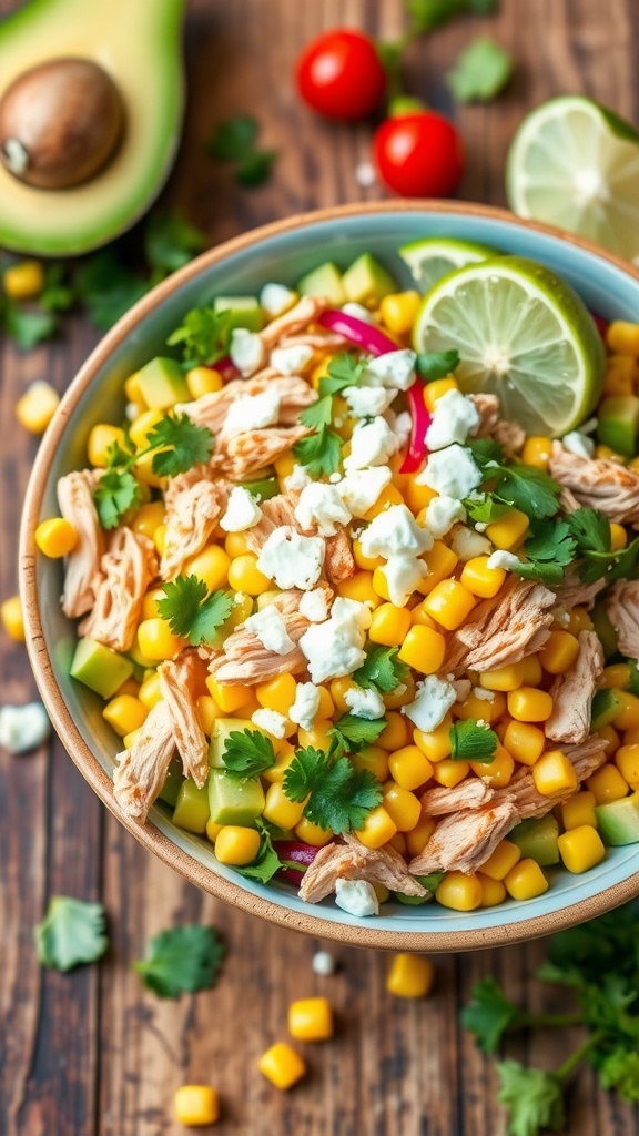 Mexican Street Corn Chicken Salad with avocado, corn, cilantro, and chicken, garnished with cotija cheese on a rustic table.