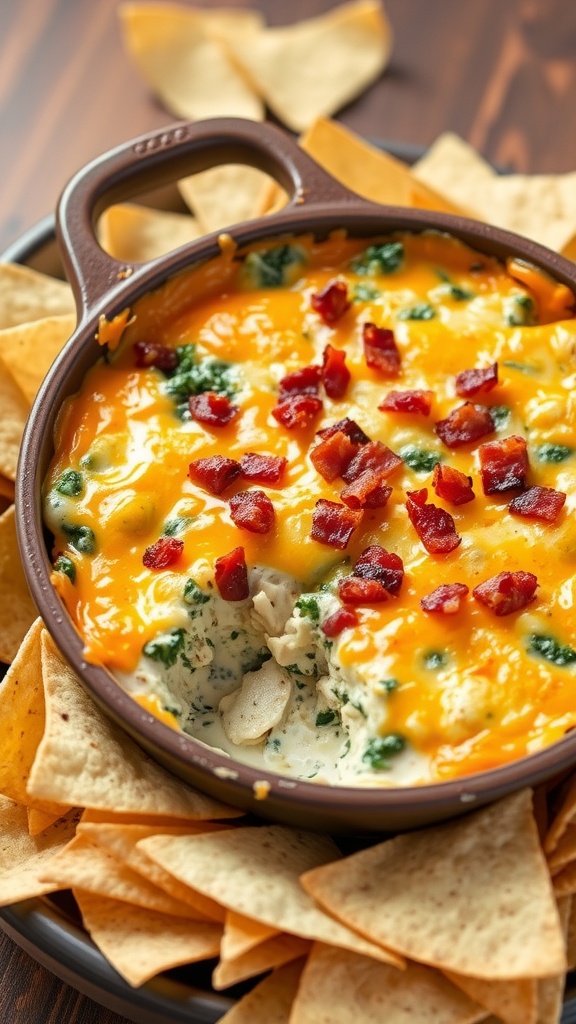 Cheesy chicken and spinach dip with bacon served in a dish, with tortilla chips on the side.