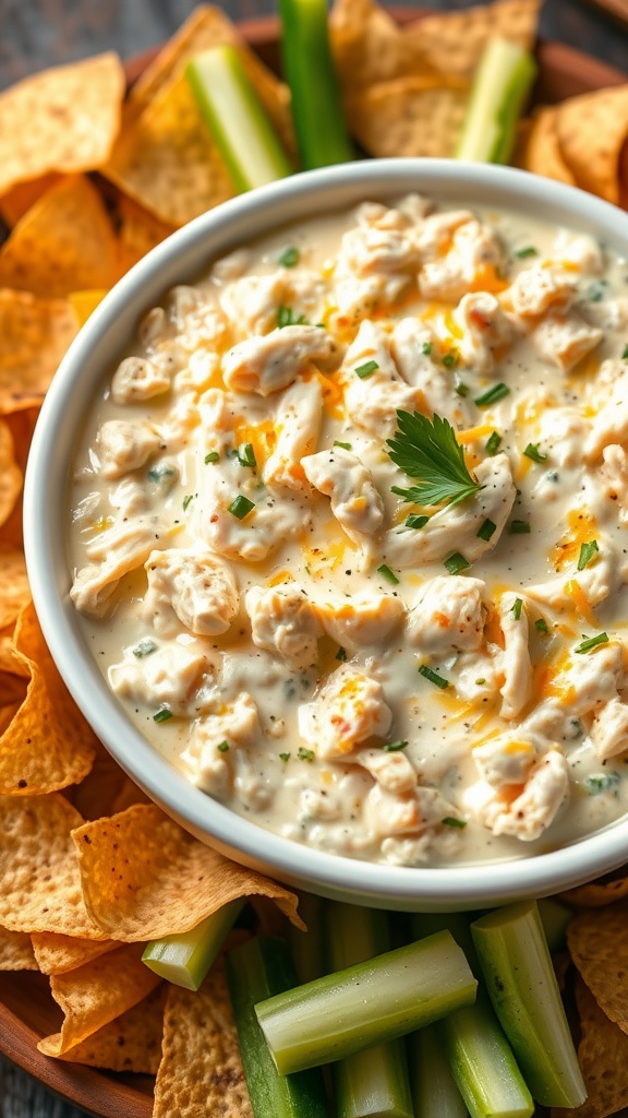 Creamy chicken Alfredo dip in a bowl with tortilla chips and vegetable sticks around it.