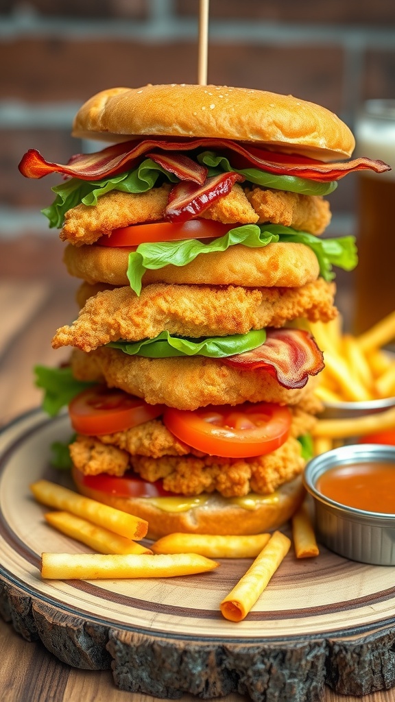 Crispy chicken club sandwich with bacon, lettuce, and tomato served with fries.