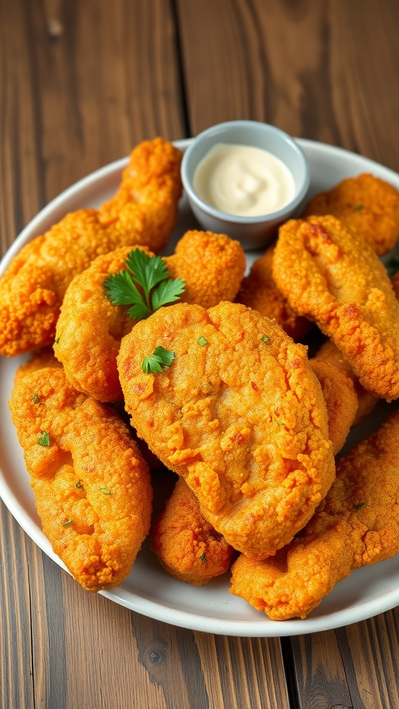 Crispy chicken tenders on a plate with dipping sauce and parsley garnish.