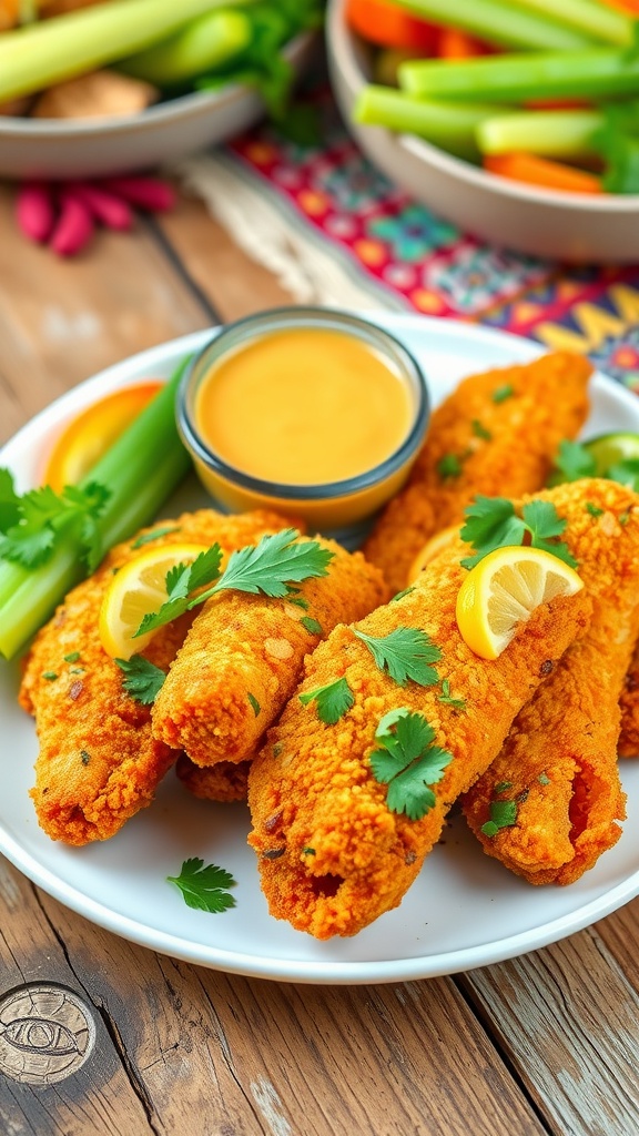 Crispy lime and cilantro chicken tenders on a plate with dipping sauce and fresh vegetables.