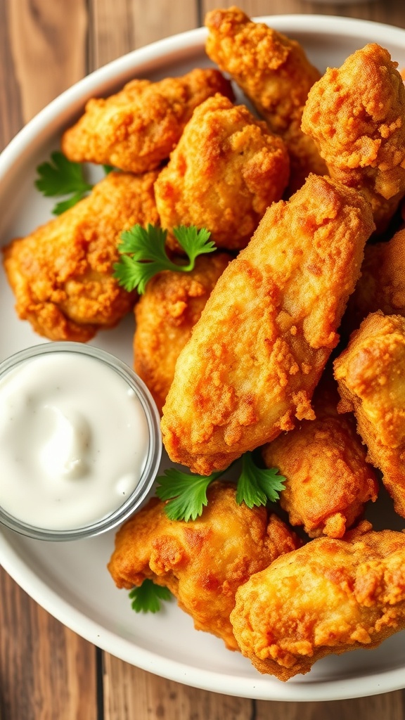 Crispy Southern-style chicken tenders on a plate with dipping sauces and garnish.