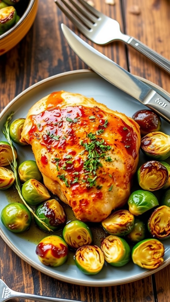 Plated Maple Dijon Baked Chicken with roasted Brussels sprouts, garnished with herbs on a rustic wooden table.