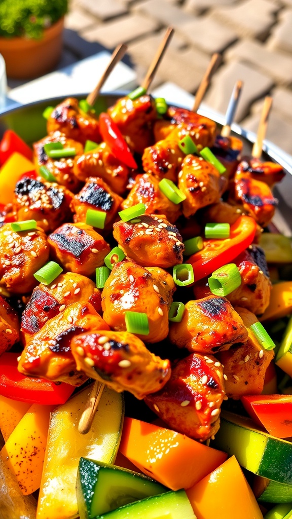 Grilled chicken skewers with sesame seeds and fresh green onions on a platter, surrounded by colorful vegetables in a sunny outdoor setting.