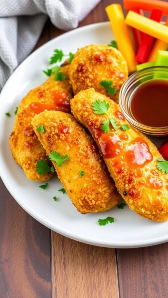 Crispy maple mustard glazed chicken tenders on a plate with parsley and dipping sauce.