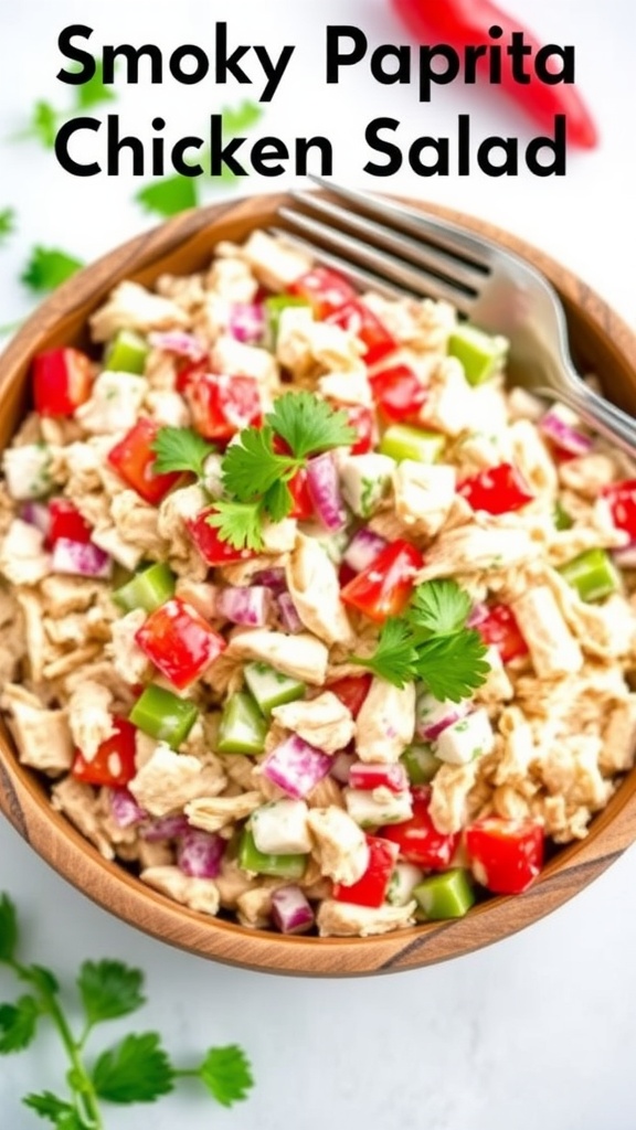 Smoky paprika chicken salad in a bowl with colorful ingredients and fresh parsley.