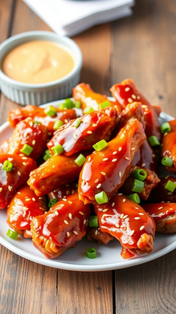 Golden chicken wings with sweet and spicy glaze, garnished with green onions and sesame seeds, served on a wooden table.