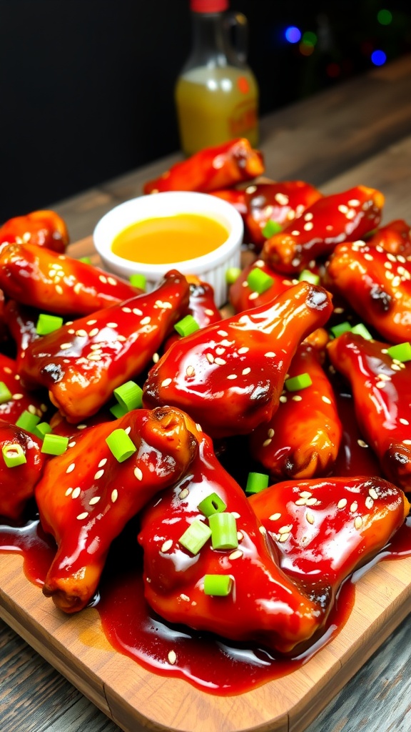 Sticky Korean BBQ chicken wings garnished with sesame seeds and green onions, served on a wooden platter with dipping sauce.