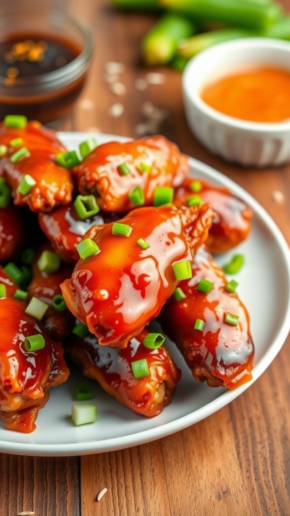 Crispy sweet chili air fryer chicken wings garnished with green onions, served on a plate with dipping sauce.