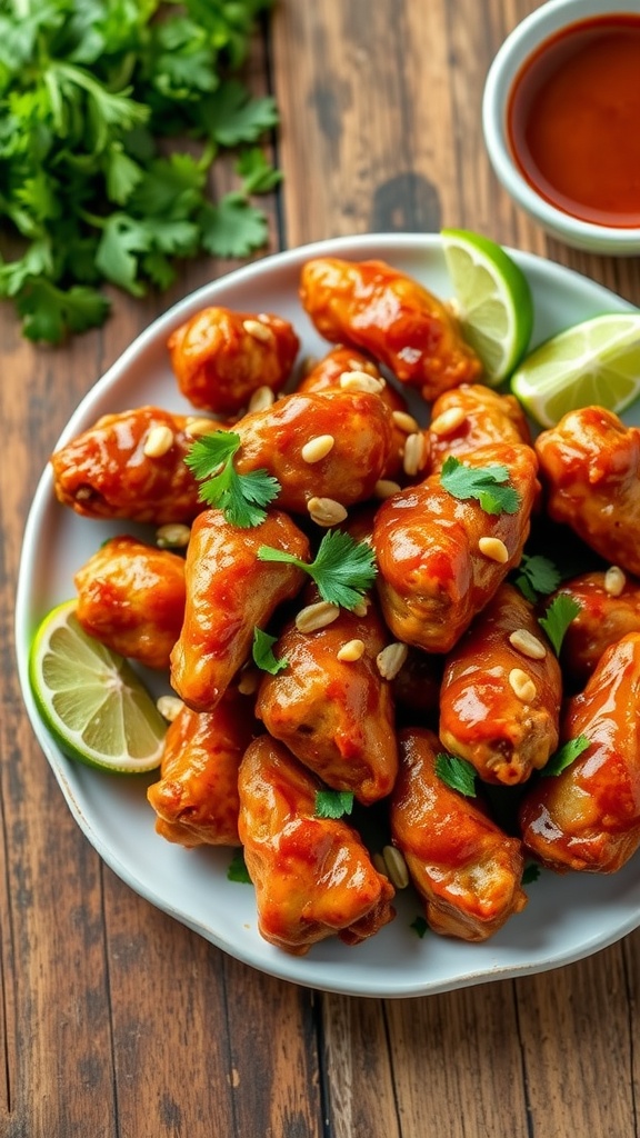 Crispy Thai peanut chicken wings with garnish, served on a rustic plate with lime wedges.