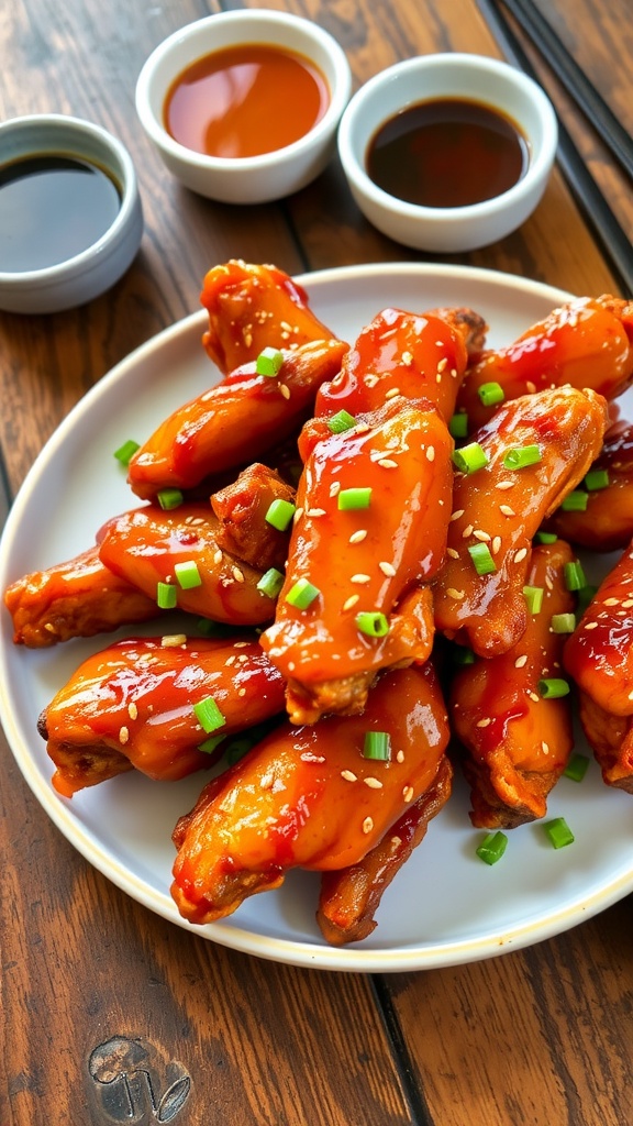 Crispy honey garlic chicken wings garnished with green onions and sesame seeds, served with dipping sauces on a rustic table.