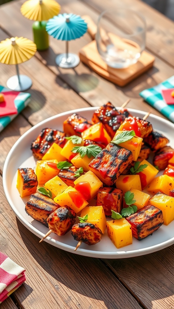 Grilled chicken skewers with pineapple on a plate, garnished with herbs, ready for summer BBQ.