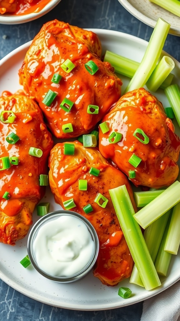 Baked buffalo ranch chicken breasts on a plate, garnished with green onions, alongside celery sticks and ranch dressing.