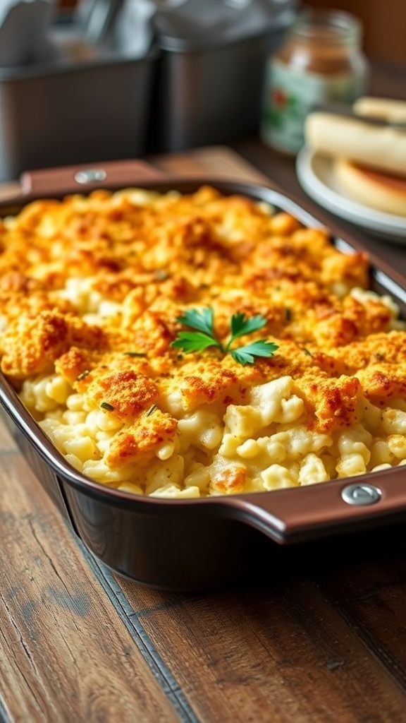 Creamy chicken and cauliflower rice casserole in a baking dish, topped with cheese and breadcrumbs, garnished with parsley.