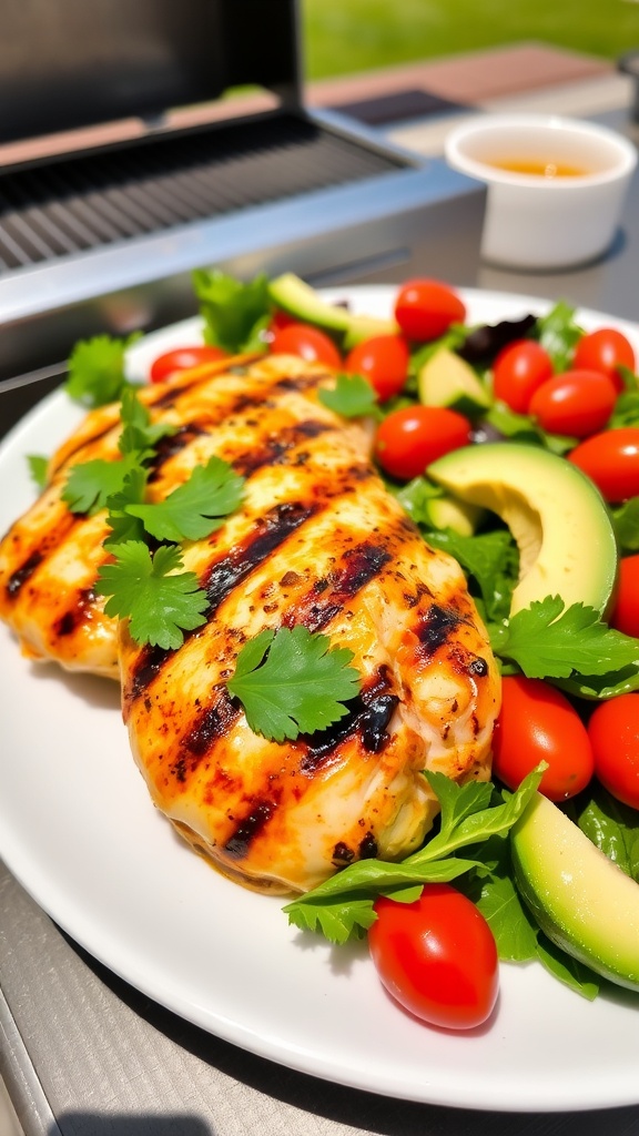 Grilled chicken breasts marinated in chipotle and lime, garnished with cilantro, served with salad in a summer setting.