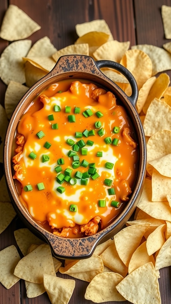 Loaded buffalo chicken dip in a baking dish with tortilla chips on the side, garnished with green onions.