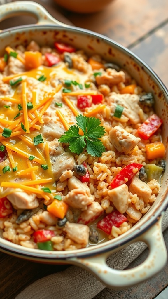 Creamy chicken and wild rice casserole in a rustic dish, garnished with parsley.