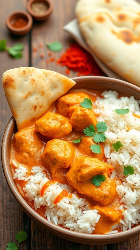 A warm bowl of chicken tikka masala with rice and naan, garnished with cilantro on a rustic table.