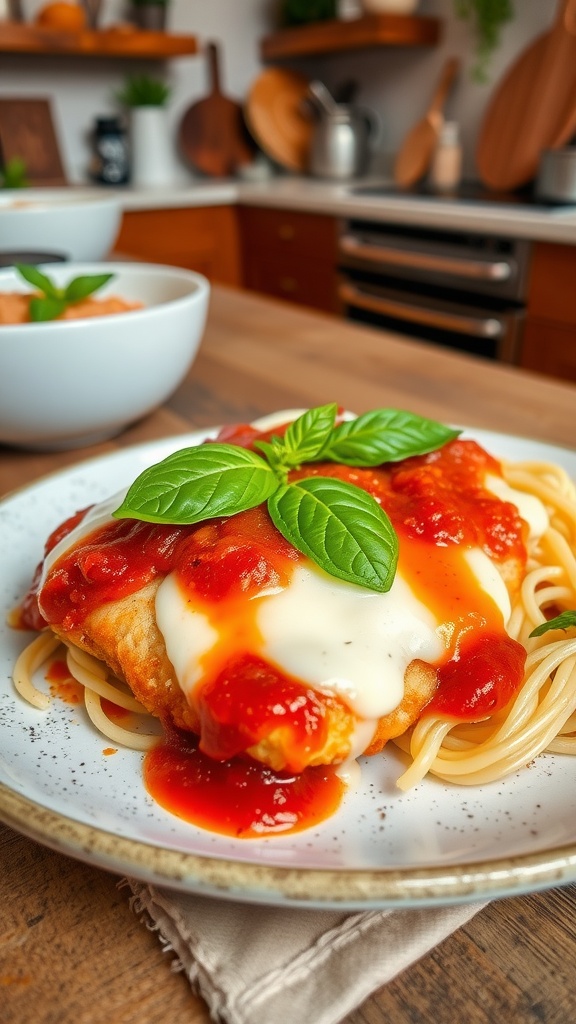 Plate of Chicken Parmesan with marinara sauce, mozzarella, and basil, served with spaghetti.