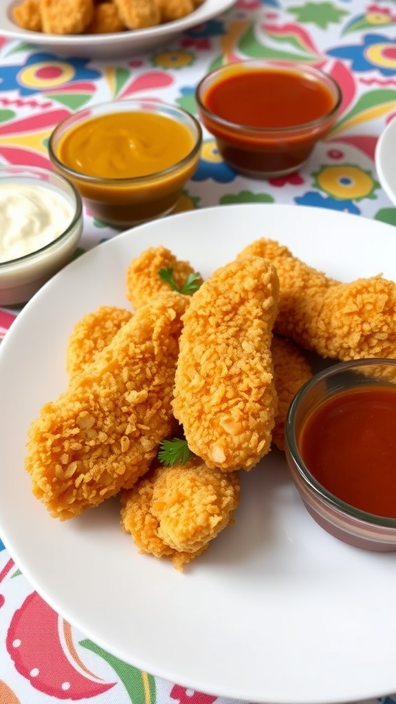 Crispy cornflake-crusted chicken tenders on a plate with dipping sauces.