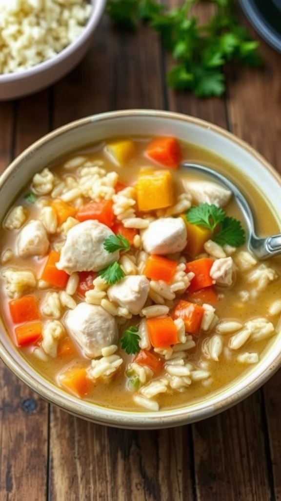 A comforting bowl of chicken and rice soup with vegetables and parsley, on a rustic table.