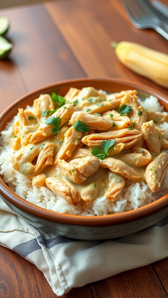 Creamy garlic chicken served over rice, garnished with parsley in a rustic bowl.