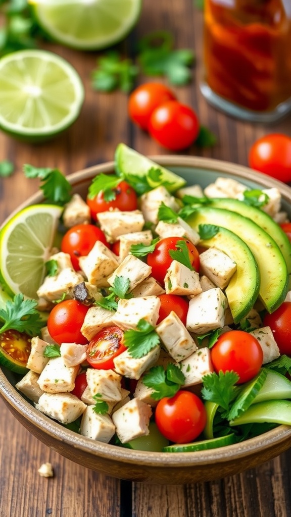 A colorful Chipotle Lime Chicken Salad with chicken, tomatoes, cucumber, and avocado, garnished with cilantro, on a wooden table.