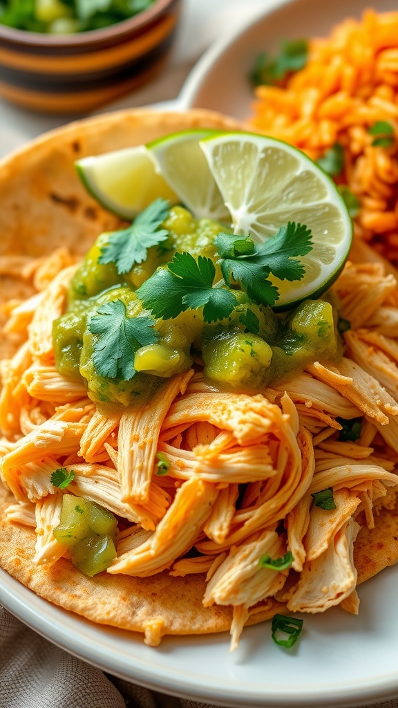 Shredded salsa verde chicken garnished with cilantro and lime on a plate with tortillas and rice.