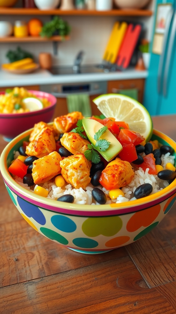 A delicious Chipotle Chicken Burrito Bowl with rice, beans, corn, salsa, avocado, and lime.