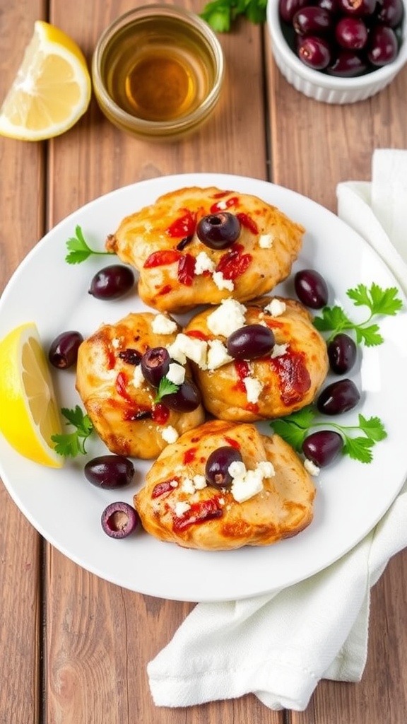 Mediterranean Baked Chicken Thighs with olives and feta on a rustic table, garnished with parsley.