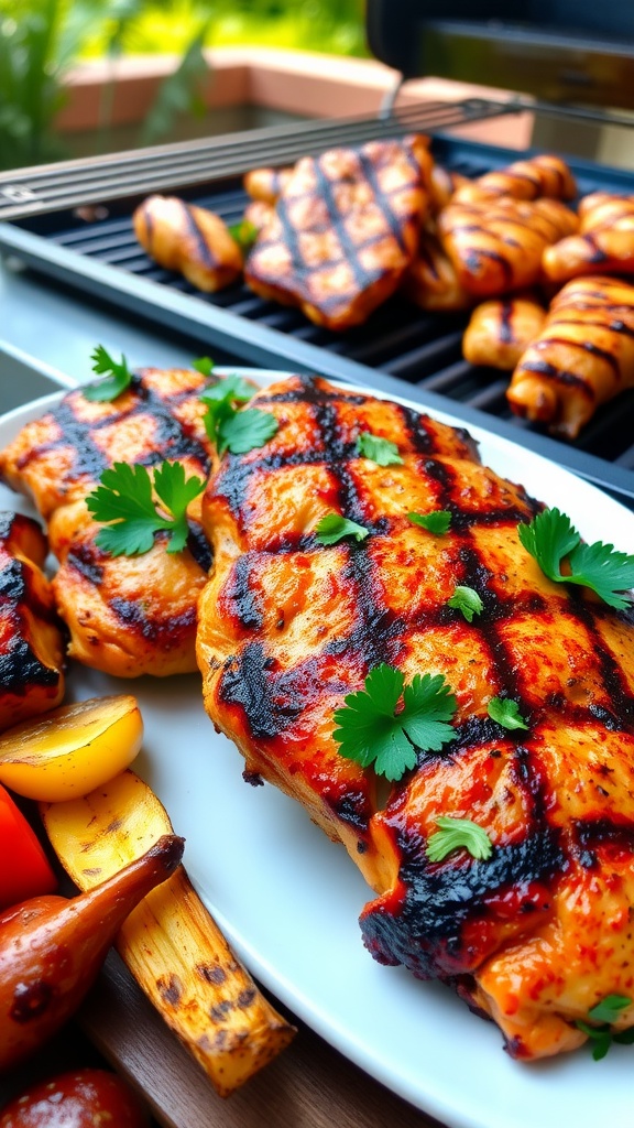 Spicy Cajun grilled chicken breasts on a plate, garnished with parsley, with grilled vegetables on the side.