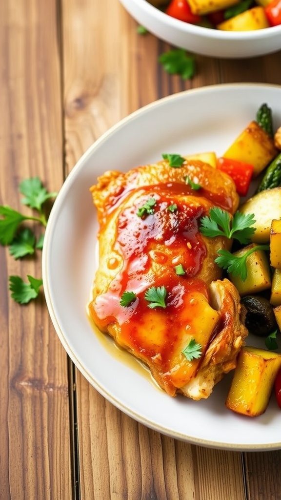 Crispy honey mustard chicken thighs garnished with parsley on a plate, with roasted vegetables on the side.