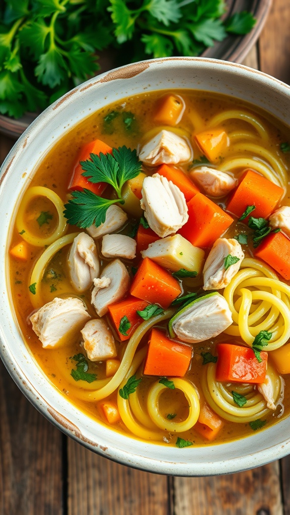 A bowl of Chicken Zoodle Soup with zucchini noodles, shredded chicken, carrots, and parsley, served on a rustic table.