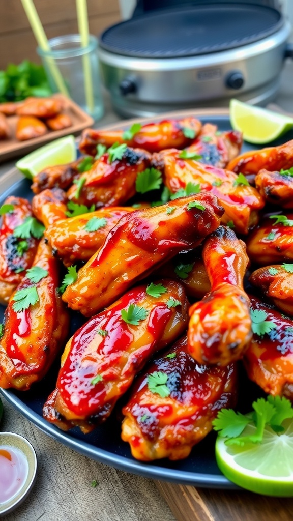 A colorful platter of chili lime grilled chicken wings garnished with cilantro and lime slices.