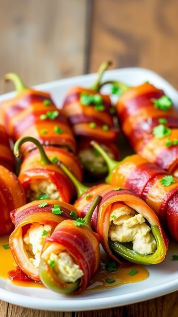 A platter of bacon-wrapped jalapeno poppers filled with cheese and chicken on a rustic table.