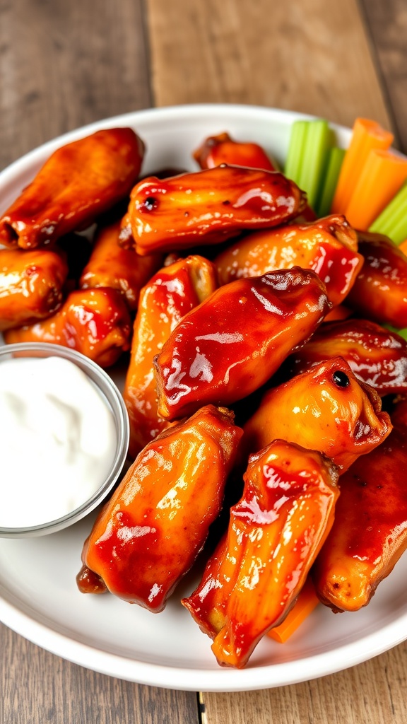 A plate of sweet and spicy brown sugar chili wings served with ranch sauce and fresh vegetables.