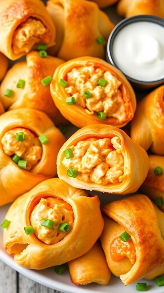 Buffalo chicken dip-stuffed crescent rolls served on a platter with ranch dressing.