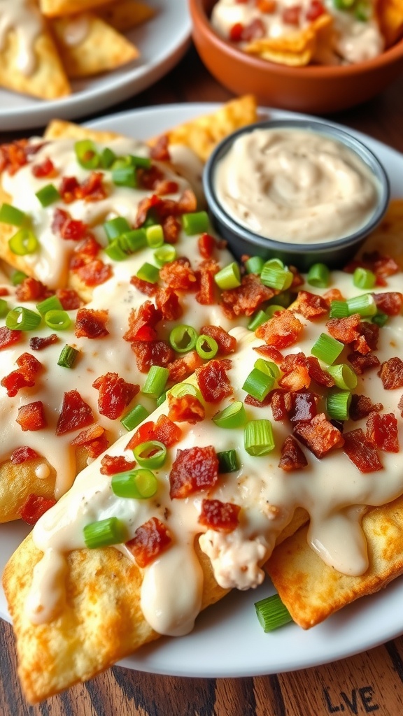 Delicious Chicken Alfredo Flatbread Nachos topped with cheese, bacon, and green onions on a rustic wooden table.