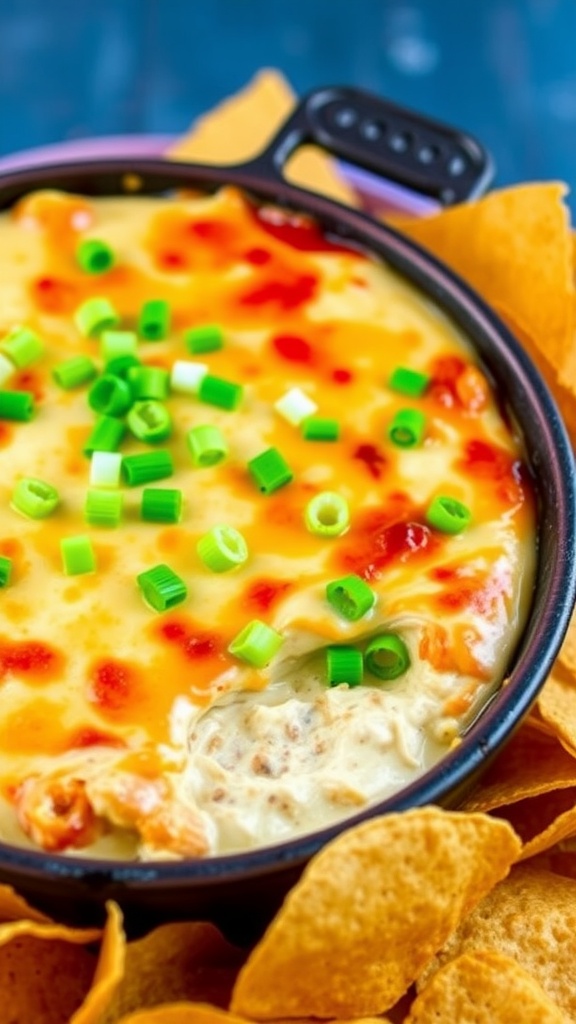 Hot teriyaki chicken dip with cheese and green onions, served with tortilla chips.