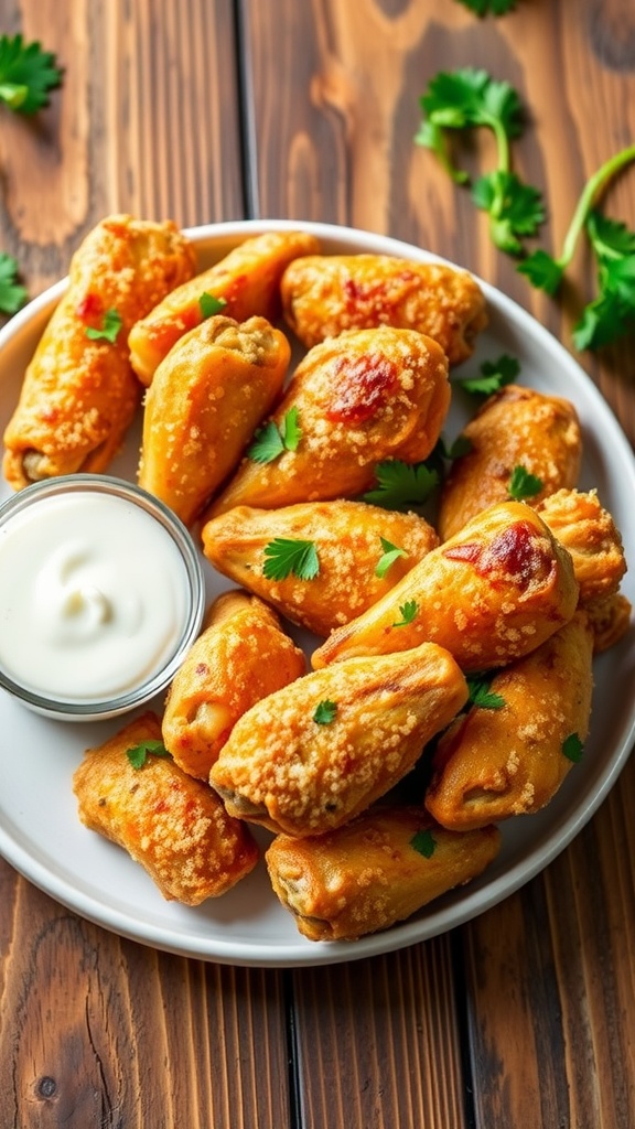 Crispy garlic parmesan herb wings garnished with parsley, served with ranch dressing on a wooden table.