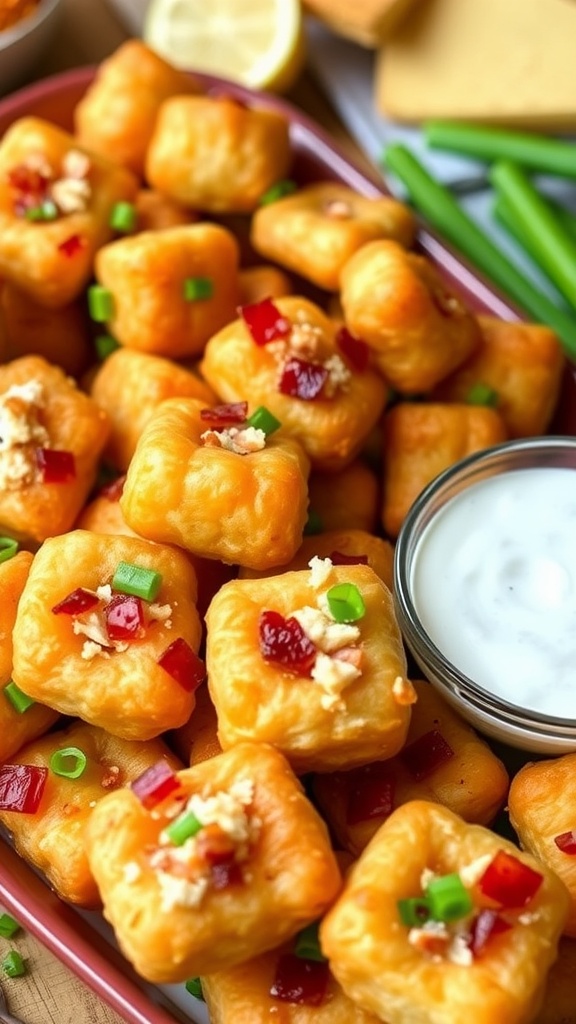 A plate of crispy chicken and bacon tater tot bites with ranch dressing, ideal for appetizers.