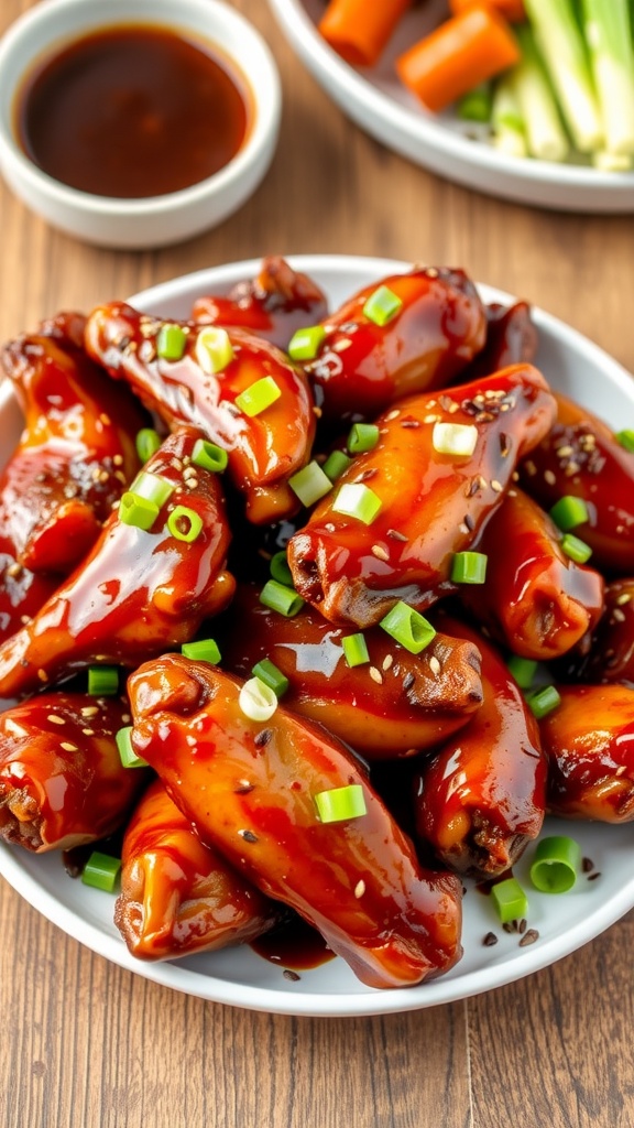 Sticky ginger soy chicken wings garnished with green onions and sesame seeds on a rustic wooden table.